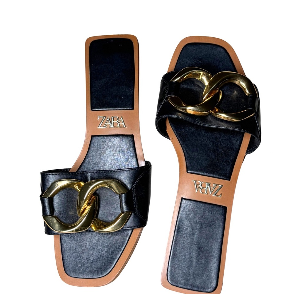 Zara Black Slides with Gold Chain Accent